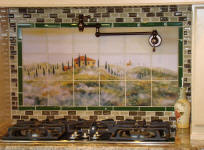 Tuscan mist backsplash with green border tile