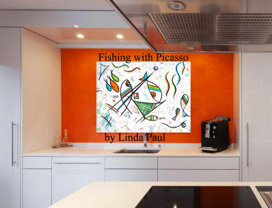 white kitchen with orange accent wall and fish art
