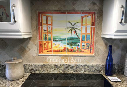 palm tree beach tile mural