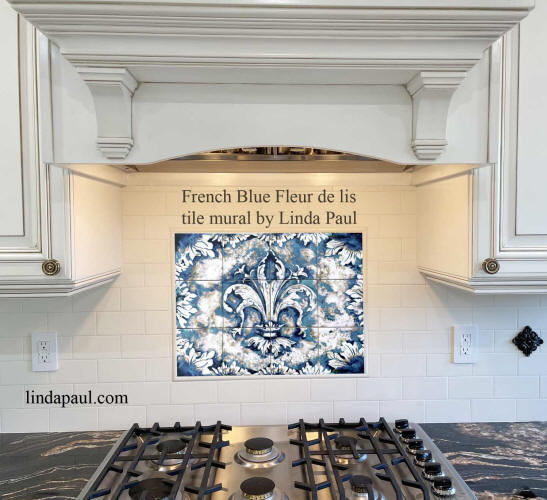 fleur de lis tile mural backsplash  in white kitchen