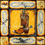 western art painting of cowboy boot, hats, lariat, horses