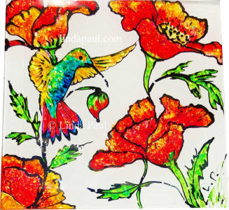 hand-painted hummingbird red poppy tile