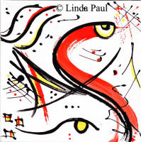 abstract fish - black white red ywllow 10 x 10