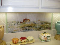 Tuscnay in The Mist kitchen backsplash installed under cabinets