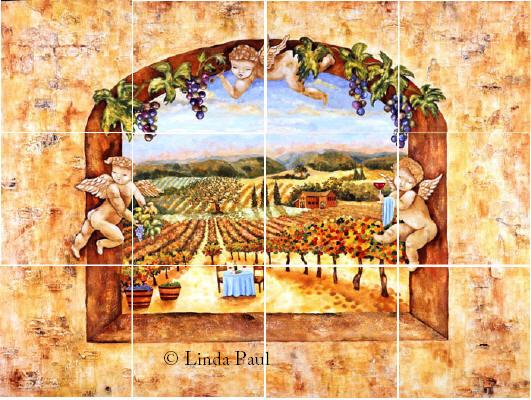 tile backsplash of vineyard and angels