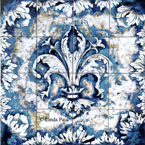 24 x 24 french blue and white fleur de lis tile mural