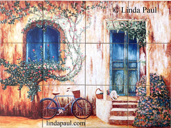 french country tile mural with dog