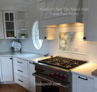 nautical chart map tile in coastal kitchen