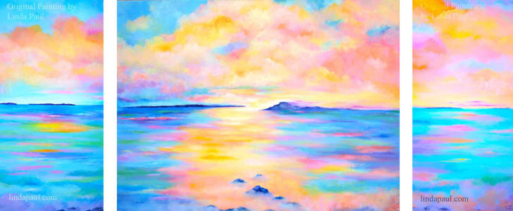 set of 3 ocean and sunset paintings large