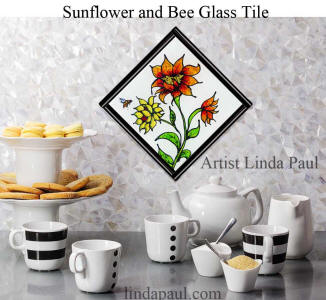 sunflower bee glass tile in black and white coffee bar