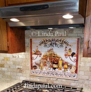 tuscan tile mural above stove