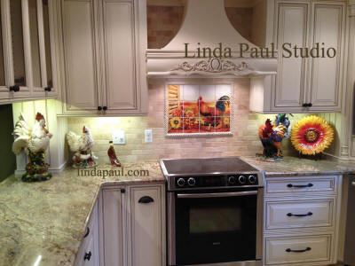 roosters and sunflowers kitchen back splash in french country kitchen