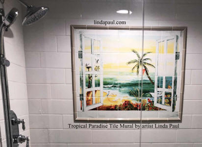 coastal tile mural in shower