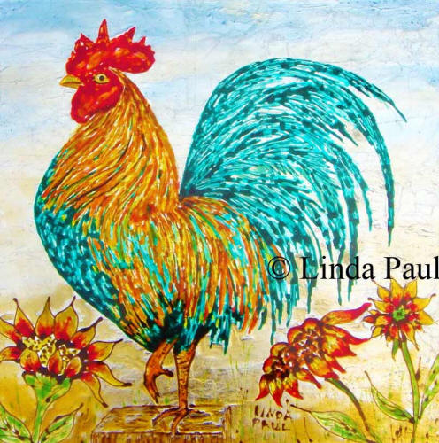 rooster handpainted glass tile 12x12