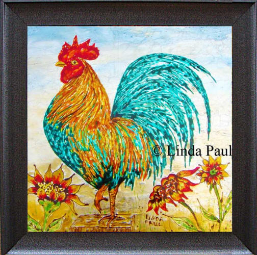rooster hand-painted glass tile in grey metal frame