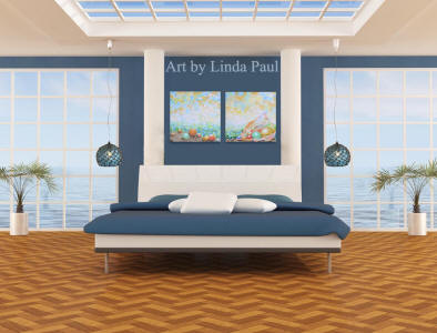 nautical blue and white bedroom decor with pearl painitngs