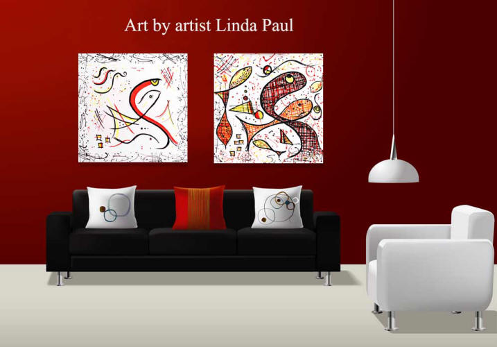 modern abstract fish paintings red and black and white 