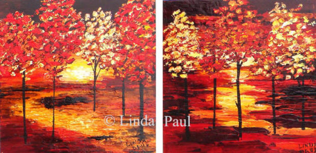 contemporary landscape paintings of red trees and sunset