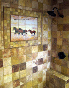 wild horses mural in bathroom shower stall