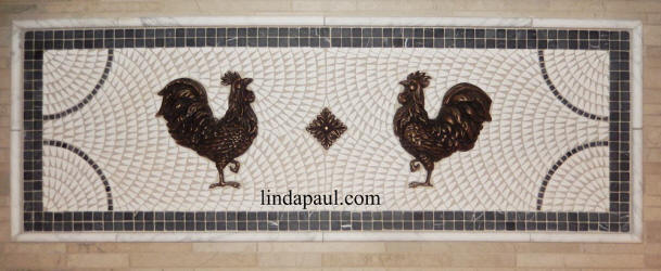tow rooster mosaci tile and metal medallion backsplash