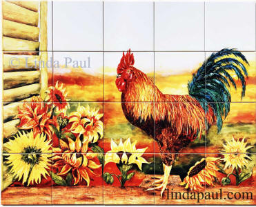 rooster sunflowers tile mural
