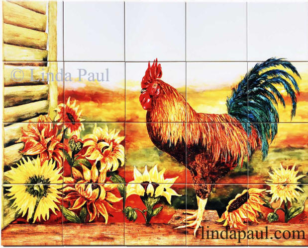 roosrer and sunflowers tile mural chicken backsplash