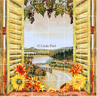 Sunflowers Vineyard Backsplash Tile Mural for Country Kitchens