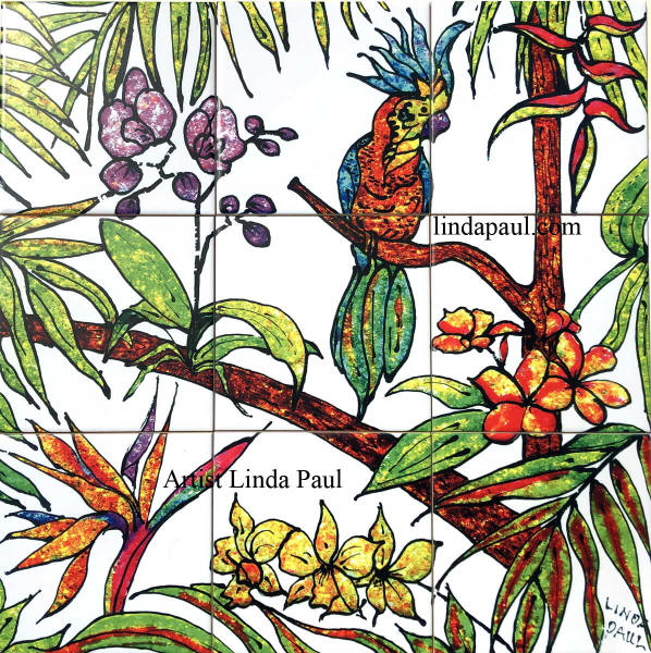 tropical tile mural bird of Paradise