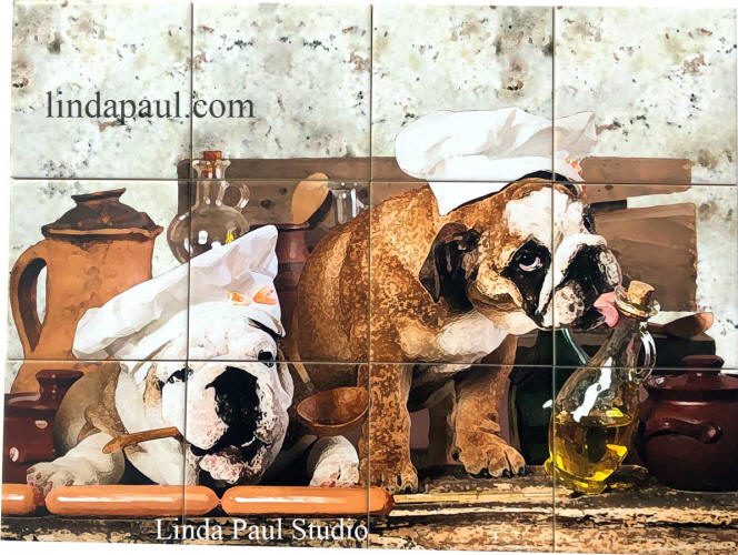 Dogs in the kitchen tile mural
