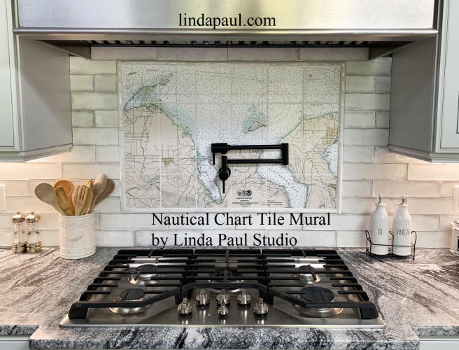 Nautical Chart Map on Tile for Custom Coastal Kitchen backsplash