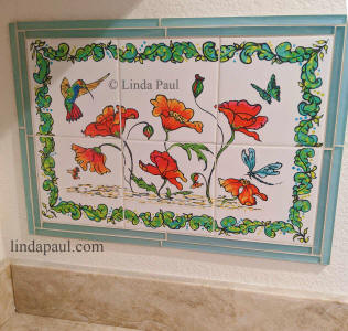 poppies and hummingbird ceramic tile mural